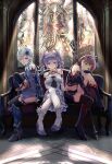  3girls anastasia_(idolmaster) bare_shoulders blue_eyes brown_eyes brown_hair church closed_mouth dress drill_hair elbow_gloves feather_hair_ornament feathers full_body gloves grey_hair hair_ornament hi-ho- high_heels highres holding holding_scepter holding_sword holding_weapon idolmaster idolmaster_cinderella_girls idolmaster_cinderella_girls_starlight_stage kanzaki_ranko knee_up long_hair midriff multiple_girls navel nitta_minami off-shoulder_dress off-shoulder_shirt off_shoulder on_chair pantyhose parted_lips purple_eyes scepter shin_guards shirt sitting stained_glass sword thighhighs twin_drills vambraces weapon white_pantyhose zettai_ryouiki 
