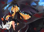  1girl blonde_hair charizard gothic houndoom legs long_hair mega_charizard_x mega_pokemon nail_polish nintendo pixiv_manga_sample pokemon shirona_(pokemon) smile wings 