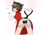  animal_ears bloomers blush brown_eyes brown_hair cat_ears cat_tail chen earrings fang from_behind hat heart heart_tail highres insight jewelry multiple_tails paw_pose short_hair solo spoken_heart tail touhou underwear upskirt 