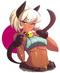  1girl animal_ears bangs bell bell_choker belt belt_pouch blue_eyes breasts bust cat_ears cat_tail choker crop_top dark_skin fingerless_gloves fingernails gloves highres kimmi long_fingernails midriff ms._fortune_(skullgirls) nadia_fortune navel scar short_hair skullgirls slit_pupils solo tail underboob upper_body white_hair 