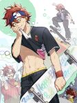  1boy belly blush closed_eyes clothes_lift dreaming hair_between_eyes happy_birthday headband highres holding holding_skateboard kyan_reki lifting_own_clothes looking_at_viewer male_focus male_underwear male_underwear_peek messy_hair muscular muscular_male navel olympics open_mouth orange_eyes pants red_hair shirt shirt_lift short_hair sk8_the_infinity skateboard skateboarding skates skating sleeping smile soul_(tamashii) sweat underwear 