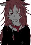  angry animal_ears bad_id bad_pixiv_id black_shirt casual collar fang frown long_hair long_sleeves mahou_shoujo_madoka_magica red_eyes red_hair rita_(56yellow) sakura_kyouko shirt slit_pupils solo upper_body 