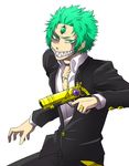  1boy earrings fangs green_eyes green_hair gun jewelry joshua_(magico) magico monster_boy short_hair smile solo third_eye weapon 