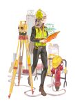  1girl absurdres alternate_costume ankle_boots arknights black_pants boots brown_boots clipboard commentary construction_worker elf full_body grey_hair hard_hat helmet high-visibility_clothing high-visibility_vest highres holding holding_clipboard laurel_crown level_(optical_instrument) long_hair looking_to_the_side lyuqiu muelsyse_(arknights) pants pointy_ears solo tripod unworn_headwear very_long_hair white_helmet yellow_eyes yellow_helmet 