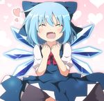  :d blue_dress blue_hair blush cirno closed_eyes do_(4-rt) dress fang hands_on_own_chest happy heart highres ice ice_wings open_mouth puffy_sleeves shirt short_sleeves smile solo touhou wings 