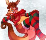  aycee blue_eyes blue_nose bow breasts brown_fur brown_hair butt candy_cane christmas chubby claws clothed clothing female fur hair holidays kangaroo legwear looking_at_viewer lying mammal marsupial panties sleeves solo stockings tongue underwear unknown_artist 