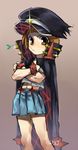  bad_id bad_pixiv_id blue_skirt brown_background brown_eyes brown_hair crossed_arms eyelashes glint gotnojob gradient gradient_background hat jacket_on_shoulders kill_la_kill life_fiber looking_at_viewer mankanshoku_mako midriff peaked_cap pleated_skirt school_uniform serafuku serious shirt short_hair signature simple_background skirt solo spikes standing tareme 