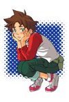  1boy blush brown_hair child eureka_seven eureka_seven_(series) green_eyes kimotohajime male male_focus renton_thurston simple_background sitting solo 