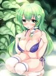  alternate_costume blush bra breasts frog_hair_ornament green_eyes green_hair hair_ornament hair_tubes kochiya_sanae large_breasts leaf long_hair looking_at_viewer no_shoes open_mouth panties paragasu_(parags112) snake_hair_ornament solo thighhighs touhou underwear underwear_only 