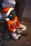  2018 absurd_res anthro beverage cat christmas clothed clothing crossed_legs feline fully_clothed hat hi_res holidays hot_chocolate huge_filesize hybrid inside jem_the_bunnycat lagomorph looking_at_viewer male mammal northernsprint rabbit santa_hat sitting solo superabsurd_res 