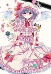  bat_wings blue_hair bow brooch buttons candy dress food ginzuki_ringo hat hat_ribbon highres jewelry key mob_cap open_mouth pink_dress pink_eyes puffy_sleeves red_string remilia_scarlet ribbon sash short_sleeves solo string touhou wings wrist_cuffs 