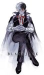 black_hair black_jack_(character) black_jack_(series) cape character_name closed_eyes crossed_legs dress_shirt funpjinju greyscale hair_over_one_eye hands_clasped interlocked_fingers invisible_chair male_focus monochrome multicolored_hair neck_ribbon own_hands_together ribbon scar shirt sitting solo spot_color two-tone_hair vest 