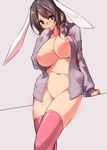  animal_ears areolae black_hair blush breasts bunny_ears gen_(black_factory) hood hoodie huge_breasts naked_hoodie original pink_legwear plump red_eyes short_hair simple_background sleeves_past_wrists smile solo thighhighs 