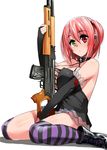  bare_shoulders between_legs black_gloves blue_eyes blush boots breasts cleavage cross earrings elbow_gloves fingerless_gloves gen_(black_factory) gloves gun heterochromia huge_breasts jewelry original psl_romak red_eyes red_hair rifle short_hair simple_background sitting sniper_rifle solo striped striped_legwear thighhighs two_side_up wariza weapon white_background yellow_eyes 