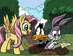  avian black_fur bugs_bunny cloud crossover cutie_mark daffy_duck duck equine female fluttershy_(mlp) friendship_is_magic fur gloves green_eyes grey_fur group hair horse lagomorph latecustomer looney_tunes male mammal map my_little_pony outside pegasus pink_hair pony rabbit sky tree warner_bros warner_brothers wings yellow_fur 