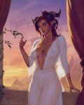  1girl alexstrasza black_eyeliner bracelet breasts cleavage cloud commentary covered_nipples cowboy_shot curtains dragon_girl dragon_horns dress earrings english_commentary eyeliner floating_island highres hoop_earrings horns jewelry krystopher_decker light_smile long_eyebrows makeup medium_breasts mountain multiple_earrings necklace orange_sky plunging_neckline pointy_ears realistic red_eyes red_hair ring see-through_clothes see-through_dress signature sky solo warcraft web_address white_dress world_of_warcraft 
