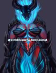 4_eyes absurd_res anthro armor bottomwear clothing covered_nipples creatures_of_sonaria dantenos_(creatures_of_sonaria) demon fire hi_res humanoid loincloth male markings multi_eye pinkbluensfw red_body red_skin simple_background skin_pattern solo watermark
