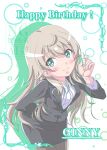 1girl black_jacket blonde_hair chalk green_eyes happy_birthday highres holding jacket long_hair looking_at_viewer luminosite_eternelle nautilus_(artist) office_lady pantyhose shirt skirt smile solo standing virginia_robertson watermark white_shirt world_witches_series 