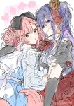  2girls black_bow blue_dress blush bow bowtie closed_mouth crown dog_tail dress elbow_gloves gloves hair_between_eyes hair_bow hair_ornament hairclip highres izumi_shiho kemonomimi_mode kino_himari long_hair long_sleeves mini_crown multiple_girls one_side_up open_mouth orange_hair pink_eyes purple_hair red_bow red_bowtie sasayaku_you_ni_koi_wo_utau short_sleeves sidelocks tail takeshima_eku 