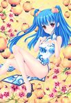  alternate_costume bare_shoulders blue_hair blush china_dress chinese_clothes dress food fred0092 fruit hair_ornament highres hinanawi_tenshi lantern long_hair looking_at_viewer peach red_eyes smile solo thighhighs touhou twintails 