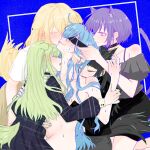  5girls animal_ears anshashuw ave_mujica_(bang_dream!) bang_dream! bang_dream!_it&#039;s_mygo!!!!! bare_shoulders bite_mark bite_mark_on_face bite_mark_on_neck bite_mark_on_shoulder bite_mark_on_stomach biting_shoulder black_choker black_hair black_jacket black_skirt blindfold blonde_hair blue_background blue_dress blue_hair blush breath cat_ears cat_girl cat_tail choker closed_eyes closed_mouth commentary_request dog_ears dog_girl dog_tail dress fingering frilled_choker frills grabbing_another&#039;s_breast grabbing_from_behind green_hair grey_shirt grey_skirt groping group_sex hand_on_another&#039;s_waist harem highres holding_another&#039;s_wrist jacket kemonomimi_mode licking licking_another&#039;s_face licking_another&#039;s_lips long_hair long_sleeves misumi_uika multiple_girls off-shoulder_shirt off_shoulder pink_eyes plaid_clothes plaid_dress purple_hair shirt short_hair short_sleeves skirt smile sweat tail togawa_sakiko wakaba_mutsumi white_shirt wolf_ears wolf_girl wolf_tail yahata_umiri yellow_skirt yuri yuutenji_nyamu 