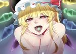  blonde_hair breasts collar commentary_request crystal dog_collar eyebrows fangs flandre_scarlet gradient gradient_background hat heart heart-shaped_pupils leaning_forward long_hair looking_at_viewer nicutoka nipples nude pointy_ears red_eyes saliva side_ponytail small_breasts solo symbol-shaped_pupils thigh_gap tongue tongue_out touhou wings 