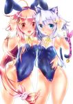  animal_ears blue_eyes blue_leotard bunny_ears bunnysuit cat_ears cat_tail crescent crescent_hair_ornament detached_collar hair_ornament kantai_collection kittysuit leotard long_hair mezashi_gohan multiple_girls purple_hair red_eyes red_hair ribbon short_hair short_hair_with_long_locks tail uzuki_(kantai_collection) wrist_cuffs yayoi_(kantai_collection) 