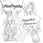 angoramon anthro bandai_namco belt blush bottomwear chimera_p clothing digimon digimon_(species) english_text evolution_(transformation) evolutionary_family fluffy fluffy_chest gloves hair hair_over_eyes handwear hi_res lagomorph leporid long_ears male mammal one_eye_closed pants pawpads ponytail_ears rabbit smile solo symbareangoramon text transformation wink