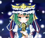  absurdres blue_background blush breasts expressionless green_eyes green_hair hat hat_ribbon highres juliet_sleeves light_particles long_sleeves looking_at_viewer medium_breasts petals puffy_sleeves ribbon rod_of_remorse shiki_eiki short_hair simple_background solo touhou upper_body vest xue_ye 