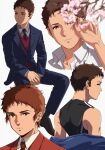  1boy between_legs black_tank_top blue_jacket blue_pants blue_suit branch brown_eyes brown_hair brown_shoes cherry_blossoms closed_mouth collarbone collared_shirt dress_shoes enelous expressionless gundam gundam_hathaway&#039;s_flash hand_between_legs hathaway_noa highres jacket male_focus multiple_views necktie orange_jacket own_hands_together pants red_necktie red_sweater shirt shoes short_hair sideways_glance suit suit_jacket sweater tank_top very_short_hair white_background white_shirt 