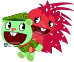  annoying_watermark bear bellaura black_eyes bottomless clothing cute dog_tags duo flaky flippy fur green_fur hair happy_tree_friends hat long_hair mammal military open_mouth piggyback pink_nose plain_background porcupine red_fur red_hair rodent smile teeth tongue transparent_background watermark 