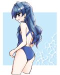  1girl ass back blue_background blue_eyes blue_hair blue_one-piece_swimsuit blush border breasts commentary_request competition_swimsuit cowboy_shot cropped_legs half_updo highres kanduki_kamibukuro link!_like!_love_live! long_hair love_live! median_furrow murano_sayaka murano_sayaka_(swimsuit) one-piece_swimsuit open_mouth outside_border profile racerback self-borrowed_hairstyle small_breasts solo swimsuit virtual_youtuber white_border 