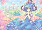  alternate_headwear bad_id bad_pixiv_id blue_dress blue_eyes blue_hair blue_sky blush bow church cirno cloud dress embellished_costume hair_bow hand_on_own_chest hand_to_own_mouth hat hat_bow ice ice_wings petals pjrmhm_coa puffy_sleeves shirt short_sleeves sky solo touhou wings witch_hat 