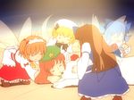  a_dog_of_flanders blonde_hair bow brown_hair chestnut_mouth cirno closed_eyes drill_hair fairy_wings hair_bow hat hat_bow headdress hong_meiling ice ice_wings inubashiri_momiji inubashiri_momiji_(wolf) long_hair luna_child multiple_girls open_mouth parody red_hair shirosato short_hair sleeping star_sapphire sunny_milk touhou twintails wings world_masterpiece_theater 