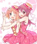  ;d bare_shoulders blush brown_eyes brown_hair cowboy_shot cross-laced_clothes dress fedora flower green_eyes hair_flower hair_ornament hat idol light_brown_hair long_hair looking_at_viewer multiple_girls one_eye_closed open_mouth outstretched_arm pink_dress sakura_trick smile sonoda_yuu takayama_haruka tarabagani twintails v yuri 