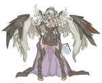  angel aqua_eyes bad_id bad_pixiv_id bare_shoulders black_dress book breasts dark_angel_metatron_(p&amp;d) dark_skin dress elbow_gloves gloves hair_ornament hand_on_hip large_breasts looking_at_viewer ponytail puzzle_&amp;_dragons silver_hair solo tan wide_hips wings zutta 
