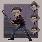  1boy artist_name black_shoes black_vest blood blood_on_face blood_on_hands blood_on_weapon blue_pants blurry blurry_background border brown_eyes brown_hair brown_jacket clenched_teeth enzirou1_tiger fighting_stance frown full_body furrowed_brow grey_border hair_slicked_back harry_mason highres holding holding_weapon industrial_pipe jacket male_focus multiple_expressions open_mouth pants shirt shoes short_hair silent_hill_(series) silent_hill_1 smile smirk solo sweat teeth vest weapon white_shirt 