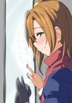  blue_eyes blush bow brown_hair clearite crying crying_with_eyes_open finger_writing gloves gloves_removed hair_bow hand_on_window highres kousaka_honoka leaning leaning_forward love_live! love_live!_school_idol_project one_side_up otonokizaka_school_uniform pointing sad scarf school_uniform short_hair solo tears translation_request window window_fog window_writing 
