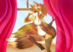  blue_eyes breasts brown_fur brown_hair canine female fluffy_tail fox fur hair lingerie mammal morning ribbons sif solo tan_fur topaz 