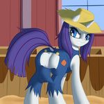  2014 anus blue_eyes butt butt_flap clothed clothing equine female friendship_is_magic fur hair hat horn horse looking_back mammal my_little_pony ookamithewolf1 pony purple_fur pussy rarity_(mlp) solo unicorn wardrobe_malfunction white_fur 