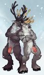  anthro antlers balls barefoot caribou crossed_arms flaccid gay green_eyes half-erect hooves horn male no_swift nude open_mouth penis sky snow snowing tattoo uncut 