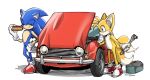 2024 anthro canid canine car chili_dog clothing digital_drawing_(artwork) digital_media_(artwork) duo eating endjfcar eulipotyphlan fixing food footwear fox gloves handwear hedgehog hi_res hot_dog male mammal miles_prower sega shoes sonic_the_hedgehog sonic_the_hedgehog_(series) toolbox tools vehicle wrench