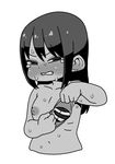  1girl breasts clenched_teeth guro long_hair monochrome navel norihito nude original ribs simple_background small_breasts solo sweat tears teeth white_background 