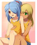  2boys blush child hug inazuma_eleven inazuma_eleven_(game) inazuma_eleven_(series) kazemaru_ichirouta long_hair male male_focus miyasaka_ryou multiple_boys open_mouth ponytail shinabara25 shirt shorts simple_background sitting sleeveless sleeveless_shirt trap yaoi 