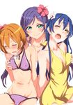  bikini binetsu_kara_mystery blue_hair blush breast_grab breasts breath brown_eyes brown_hair clearite covered_nipples dress flower grabbing grabbing_from_behind green_eyes groping hair_flower hair_ornament heavy_breathing hibiscus highres hoshizora_rin lily_white_(love_live!) long_hair love_live! love_live!_school_idol_project medium_breasts midriff multiple_girls navel one_eye_closed open_mouth purple_hair short_hair side_ponytail simple_background small_breasts smile sonoda_umi swimsuit toujou_nozomi twintails wavy_mouth white_background wince yuri 