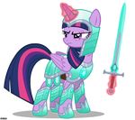  a4r91n armor crossover equine female friendship_is_magic fur glowing hair helmet hi_res horn horse latin_text levitation magic mammal minecraft my_little_pony pony princess purple_eyes purple_fur royalty scar solo sword text translated twilight_sparkle_(mlp) two_tone_hair vector video_games weapon winged_unicorn wings 