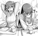  :o bespectacled blouse commentary_request cup frown glasses greyscale kill_la_kill kiryuuin_satsuki long_hair matoi_ryuuko monochrome multiple_girls out_of_character ribbed_sweater short_hair sweater tray tsuda_nanafushi wavy_mouth 