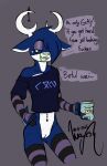 andromorph andromorph_anthro anthro antler_piercing antlers arm_warmers armwear beverage blue_body blue_fur blue_hair bottomless bottomless_andromorph bottomless_anthro bottomless_intersex clothed clothing coffee coffee_mug deer dialogue english_text eyeshadow fur furgonomics furry-specific_piercing genitals green_eyes green_pussy green_tongue hair hair_over_eye hi_res horn horn_piercing intersex intersex_anthro islam khatim_star legwear makeup malaysian_text mammal multicolored_body multicolored_fur navel navel_piercing nickelodeon outer_wilds oversized_clothing oversized_shirt oversized_topwear piercing profanity purple_eyeshadow pussy religion religious_symbol sharp_teeth shirt signature skimpy slim_andromorph slim_anthro solo spongebob_squarepants squidward_tentacles standing t-shirt teeth text thigh_highs tongue topwear translated two_tone_body two_tone_fur wayesh wayesh_(wayesh) white_antlers white_body white_fur