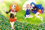  absurdres aikatsu! aikatsu!_(series) animage barefoot blue_eyes blue_hair brown_hair closed_eyes copyright_name dream_academy_uniform drill_hair feet flower hair_flower hair_ornament highres himesato_maria kazesawa_sora kitaouji_sakura legs long_hair lying multiple_girls non-web_source official_art on_side open_mouth otsuka_masumi petals pink_hair plaid plaid_skirt sakai_kasumi sato_yuriko scan school_uniform sheep short_hair skirt sleeping smile starlight_academy_uniform very_long_hair yellow_eyes 