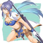  aqua_background blue_footwear blue_hair boots dark_blue_hair gloves hair_bun judith long_hair mishiro_(andante) pointy_ears polearm red_eyes shoes smile solo spear tales_of_(series) tales_of_vesperia twintails weapon 